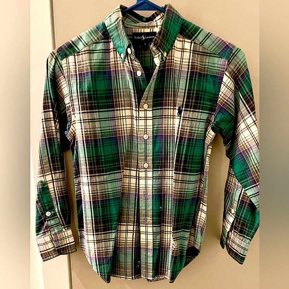 Ralph Lauren Boys Green/Plaid Button Down long sleeved shirt.